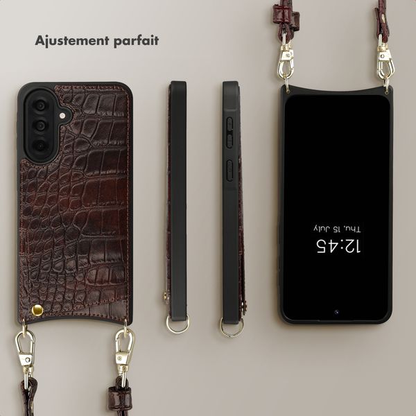 Selencia Coque de télephone Nova Croco avec cordon et porte-cartes Samsung Galaxy A37 (5G) - Choco Brown
