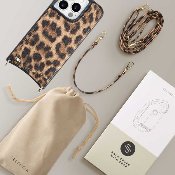 Selencia Coque arrière avec cordon et porte-cartes Nova iPhone 15 Pro - Leopard