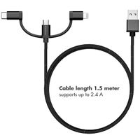 imoshion Câble 3-en-1 - Câble Lightning, USB-C et Micro-USB - Tissu tressé - 1,5 mètres - Noir