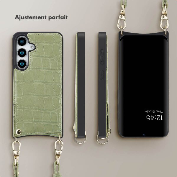 Selencia Coque Croco avec cordon et porte-cartes Nova Samsung Galaxy S25 - Sage Green