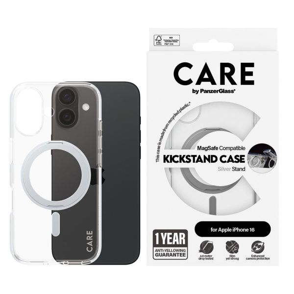 CARE by PanzerGlass Coque Kickstand MagSafe iPhone 16 - Argent