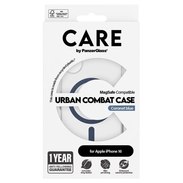 CARE by PanzerGlass Coque Urban Combat MagSafe iPhone 16 - Transparent / Bleu