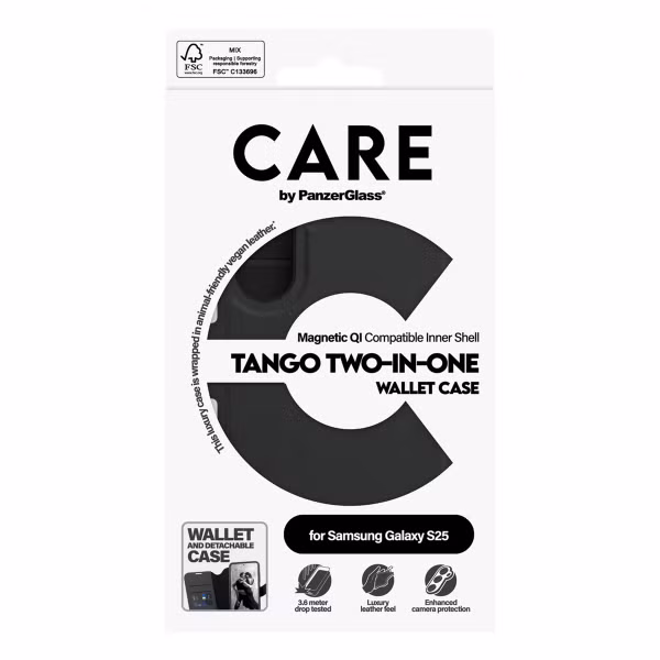 CARE by PanzerGlass Étui de télephone portefeuille Tango 2 en 1 avec MagSafe Samsung Galaxy S25 - Black