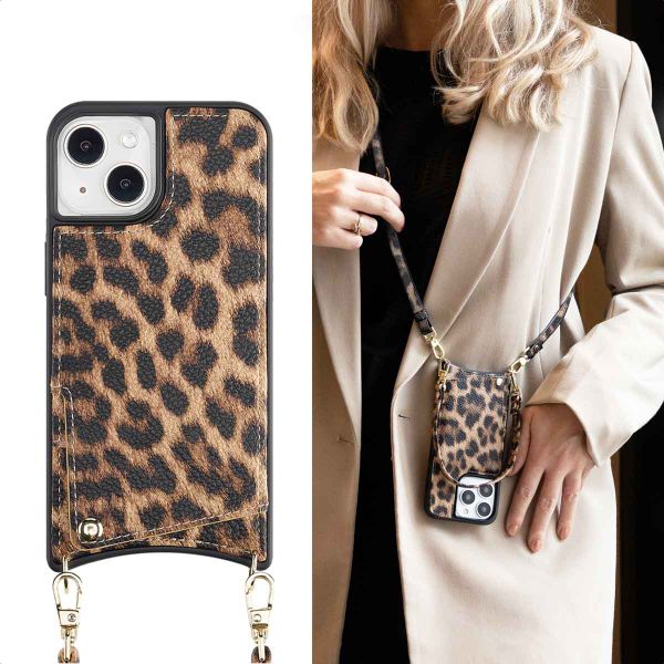 Selencia Coque arrière avec cordon et porte-cartes Nova iPhone 13 - Leopard