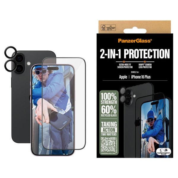 PanzerGlass ﻿Pack 2-en-1 - Protection d'écran antibactérienne Ultra-Wide Fit avec applicateur + Protection de caméra iPhone 16 Plus