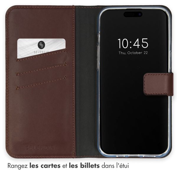 Selencia Étui portefeuille en cuir véritable Apple iPhone 15 Pro Max - Marron