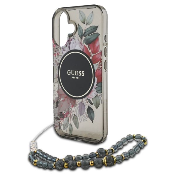 Guess MagSafe IML Flowers Case avec beads strap Apple iPhone 16 - Noir