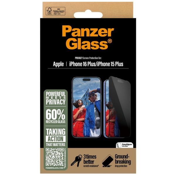 PanzerGlass ﻿Protection d'écran Privacy Ultra-Wide Fit Anti-bactérienne avec applicateur iPhone 16 Plus