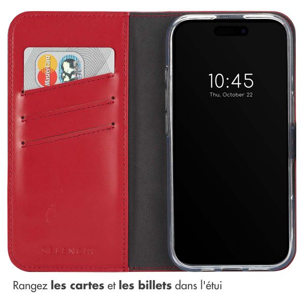 Selencia Étui de téléphone portefeuille en cuir véritable iPhone 16 Plus - Rouge