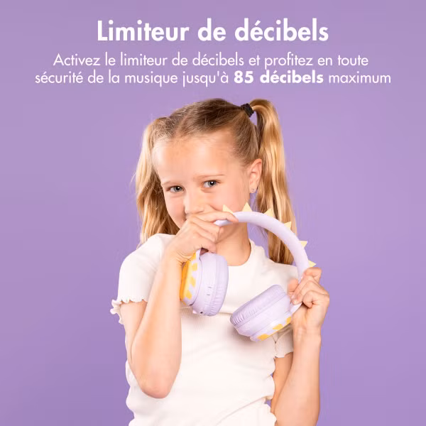 imoshion Casque sans fil pour enfants Dino LED Light - Limiteur de décibels - Avec câble AUX - Lavender Lilac / Yellow