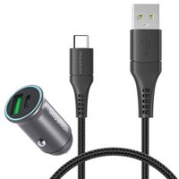 imoshion ﻿Mini chargeur de voiture - 2 ports - USB-A Quick Charge - USB-C Power Delivery - 60 Watts - Noir + Câble USB-A vers USB-C tressé - 0,5 mètre - Noir