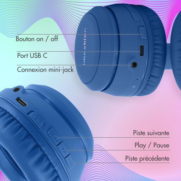 imoshion Casque sans fil pour enfants LED Light - Limiteur de décibels - Avec câble AUX - Cobalt Blue