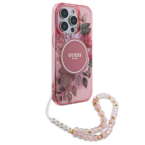 Guess MagSafe IML Flowers Case avec beads strap iPhone 15 Pro Max - Pink