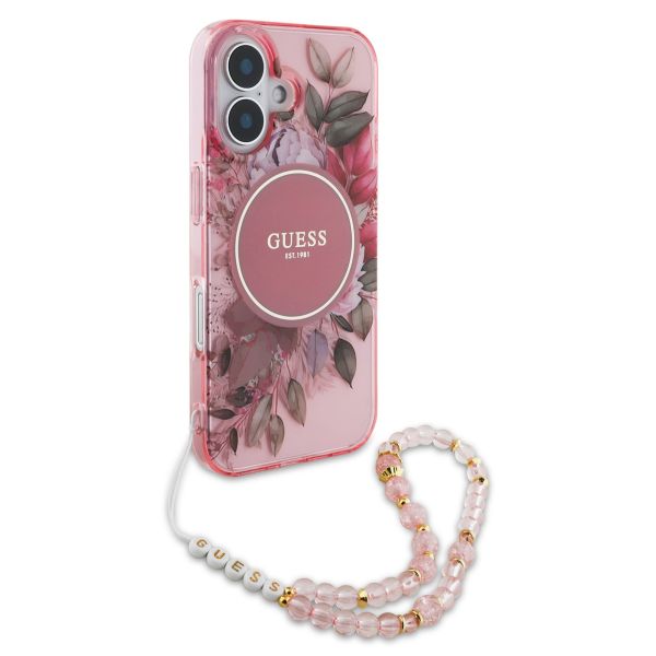 Guess MagSafe IML Flowers Case avec beads strap Apple iPhone 16 - Pink