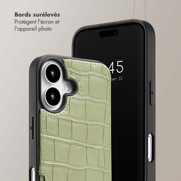 Selencia Coque Croco avec cordon et porte-cartes Nova iPhone 16 - Sage Green