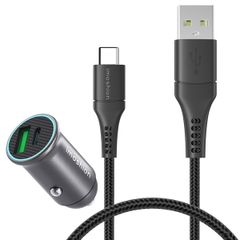 imoshion ﻿Mini chargeur de voiture - 2 ports - USB-A Quick Charge - USB-C Power Delivery - 60 Watts - Noir + Câble USB-C vers USB-C tressé - 0,5 mètre - Noir