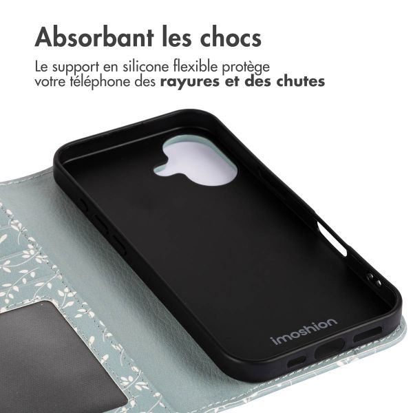 imoshion Étui de télephone portefeuille Design Apple iPhone 16 - Smoke Green Flowers