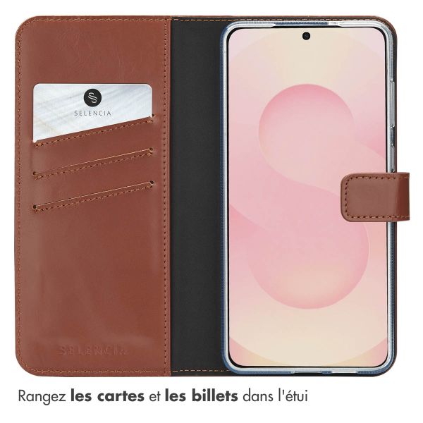 Selencia Étui portefeuille en cuir véritable Samsung Galaxy S25 Edge - Marron clair