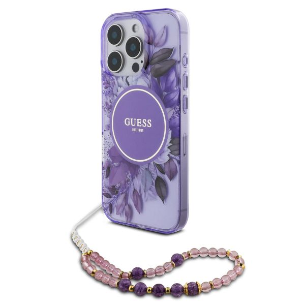 Guess MagSafe IML Flowers Case avec beads strap iPhone 15 Pro - Purple