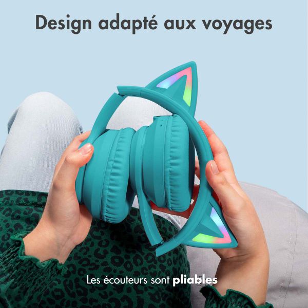 imoshion Casque sans fil pour enfants LED Light Cat Ear - Limiteur de décibels - Avec câble AUX - Bleu clair