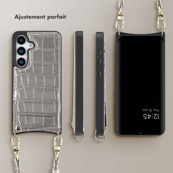 Selencia Coque Croco avec cordon et porte-cartes Nova Samsung Galaxy S25 - Silver