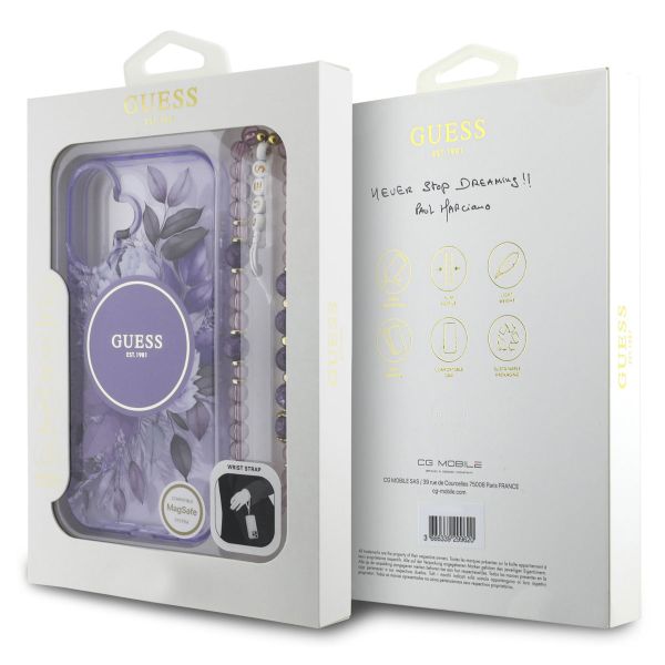 Guess MagSafe IML Flowers Case avec beads strap Apple iPhone 16 - Purple