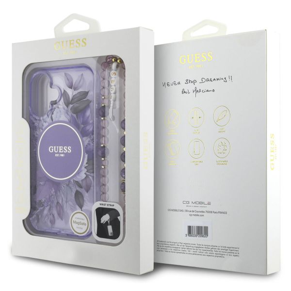 Guess MagSafe IML Flowers Case avec beads strap iPhone 16 - Purple