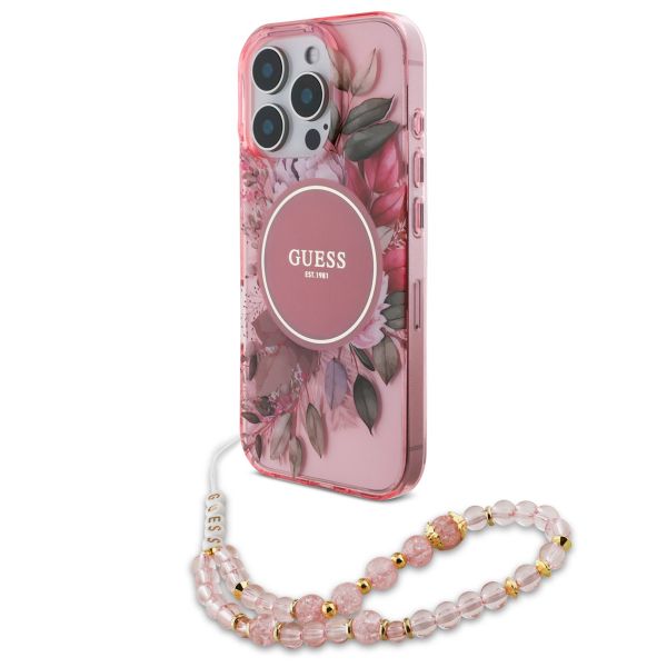 Guess MagSafe IML Flowers Case avec beads strap Apple iPhone 16 Pro Max - Pink