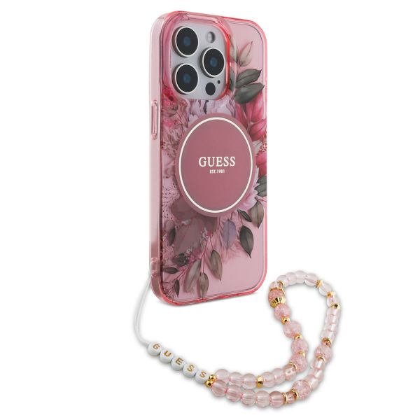 Guess MagSafe IML Flowers Case avec beads strap iPhone 15 Pro - Pink