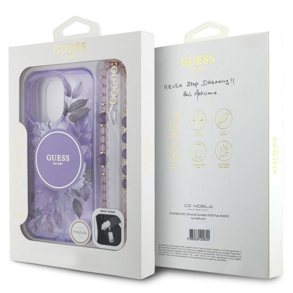 Guess MagSafe IML Flowers Case avec beads strap Apple iPhone 16 Pro Max - Purple