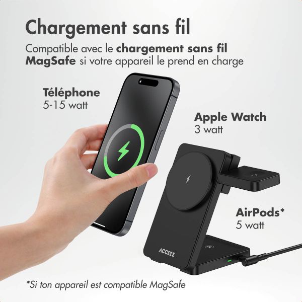 Accezz Chargeur sans fil pliable 3-in-1 MagSafe - 20W - Noir