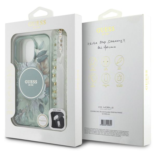 Guess MagSafe IML Flowers Case avec beads strap Apple iPhone 16 Pro Max - Green
