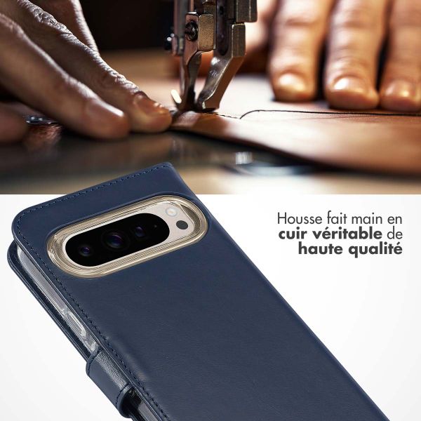 Selencia Étui portefeuille en cuir véritable Google Pixel 9 / 9 Pro - Bleu