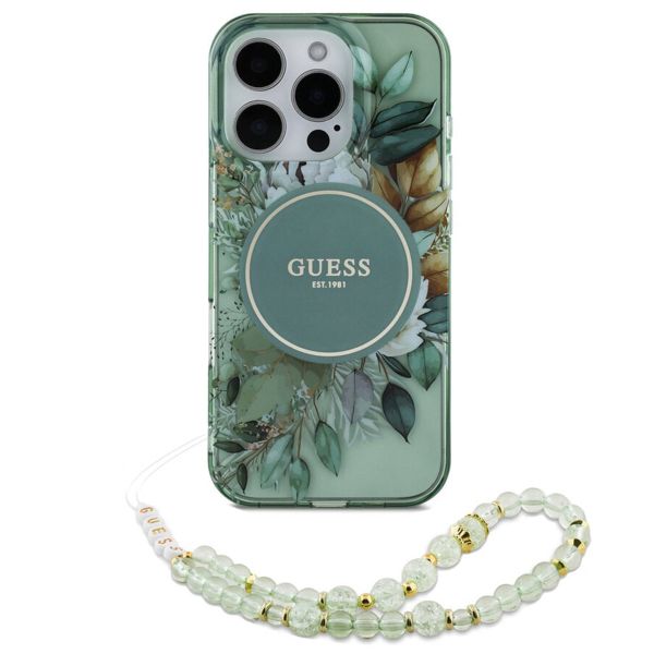Guess MagSafe IML Flowers Case avec beads strap Apple iPhone 15 Pro Max - Green