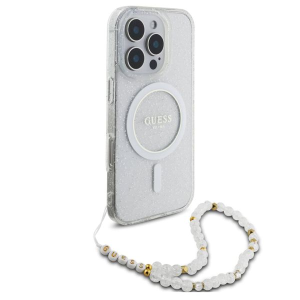 Guess MagSafe IML Glitter Case avec beads strap Apple iPhone 16 Pro - Transparent