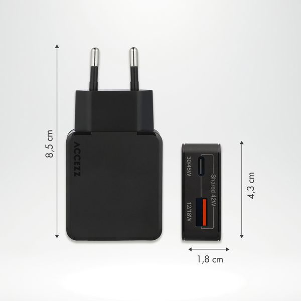 Accezz Chargeur GaN Ultra Slim - USB-C + USB-A - 45 W - Noir