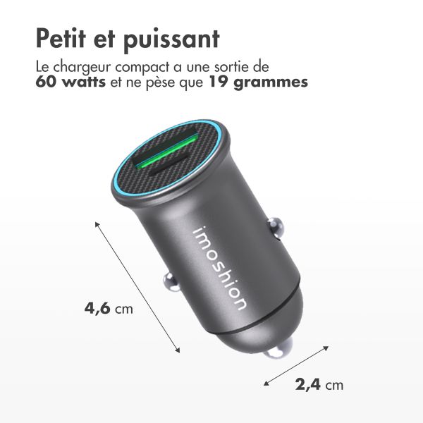 imoshion ﻿Mini chargeur de voiture - 2 ports - USB-A Quick Charge - USB-C Power Delivery - 60 Watts - Noir