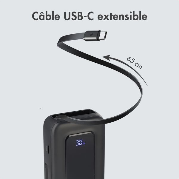 imoshion Batterie externe avec câble rétractable 10 000 mAh - Power Delivery - USB-C + Lightning - Noir