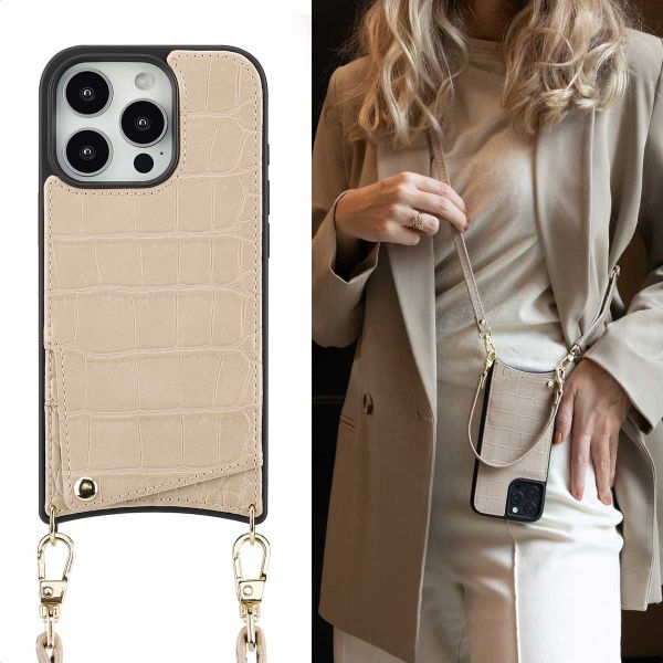 Selencia Coque Croco avec cordon et porte-cartes Nova iPhone 16 Pro - Beige