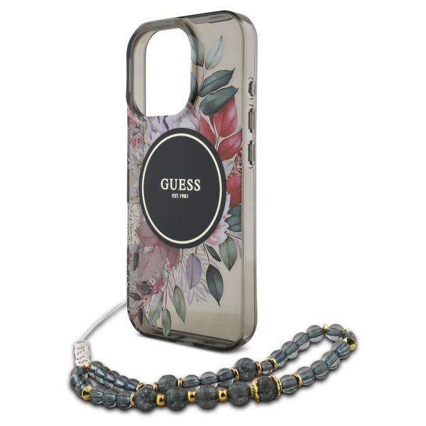 Guess MagSafe IML Flowers Case avec beads strap iPhone 15 Pro - Black