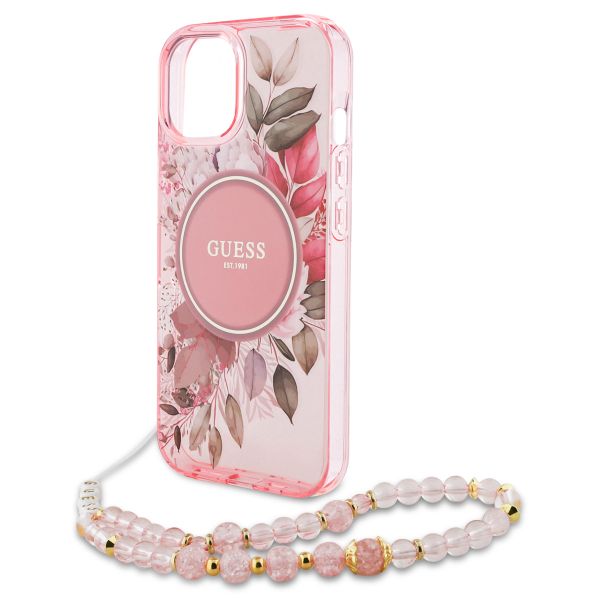 Guess MagSafe IML Flowers Case avec beads strap iPhone 15 - Pink