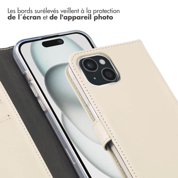 Selencia Étui de téléphone portefeuille en cuir véritable iPhone 15 - Greige